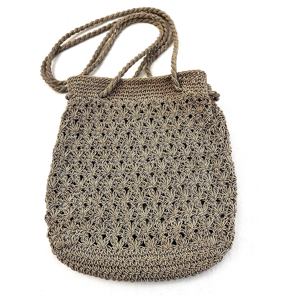 Vtg Boho Woven Lined Crochet Bag  Purse, Tan Long 16" Rope Straps Crossbody
